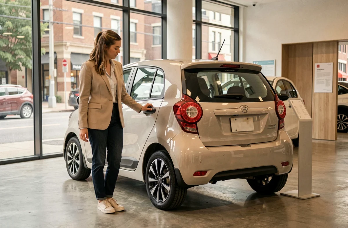 Femme examinant une voiture sans permis 4 places dans une concession automobile moderne