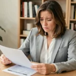 Femme consultant un contrat d'assurance auto à son bureau à domicile