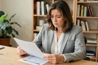 Femme consultant un contrat d'assurance auto à son bureau à domicile