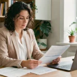 Femme consultant un contrat d'assurance auto sans franchise à son bureau à domicile
