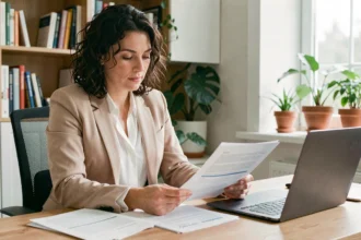 Femme consultant un contrat d'assurance auto sans franchise à son bureau à domicile