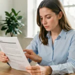 Femme consultant un contrat d'assurance voiture sans frais de dossier à son bureau