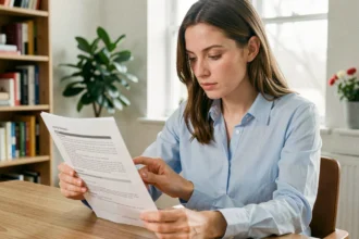 Femme consultant un contrat d'assurance voiture sans frais de dossier à son bureau