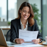 Femme souriante vérifiant documents de prêt auto dans un bureau lumineux