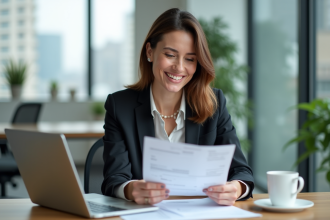 Femme souriante vérifiant documents de prêt auto dans un bureau lumineux