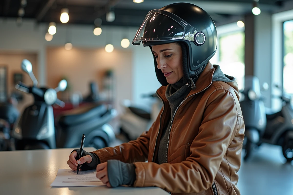 Femme examinant scooter 50cc en concession