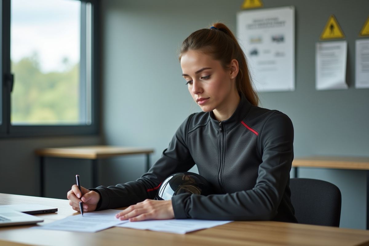 Femme examinant documents de permis moto en intérieur