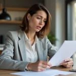 Femme consultant des documents d'assurance auto à une table en bois dans un appartement moderne, illustrant le changement d'assurance avant un an