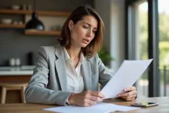 Femme consultant des documents d'assurance auto à une table en bois dans un appartement moderne, illustrant le changement d'assurance avant un an
