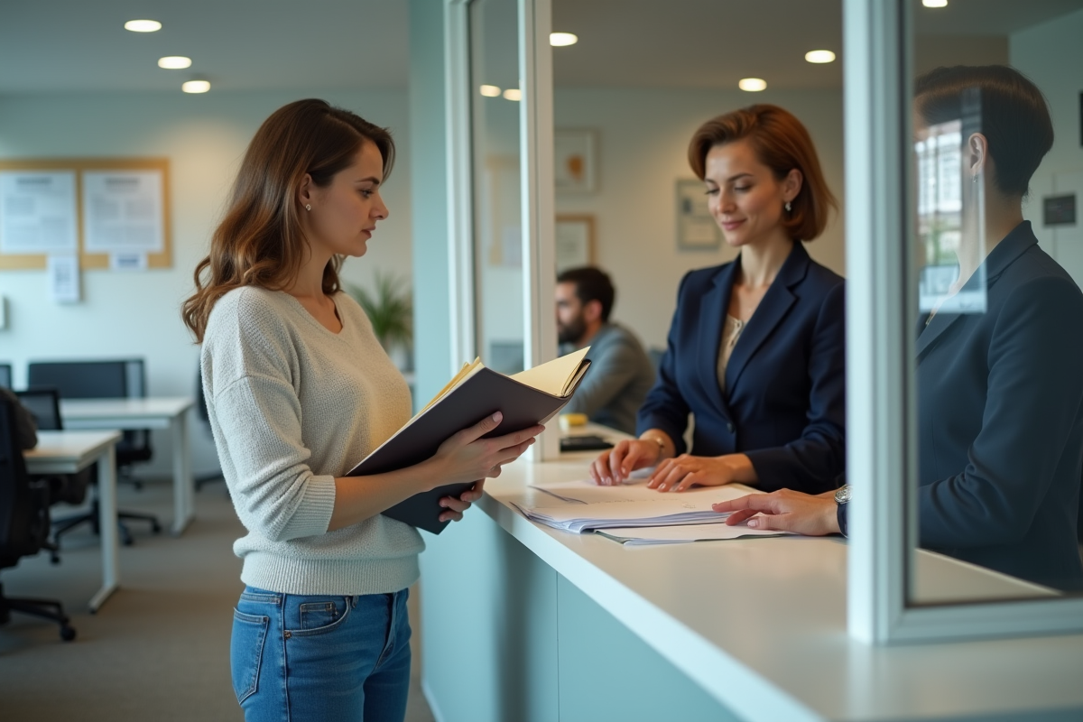 Jeune femme remettant un dossier à un agent administratif