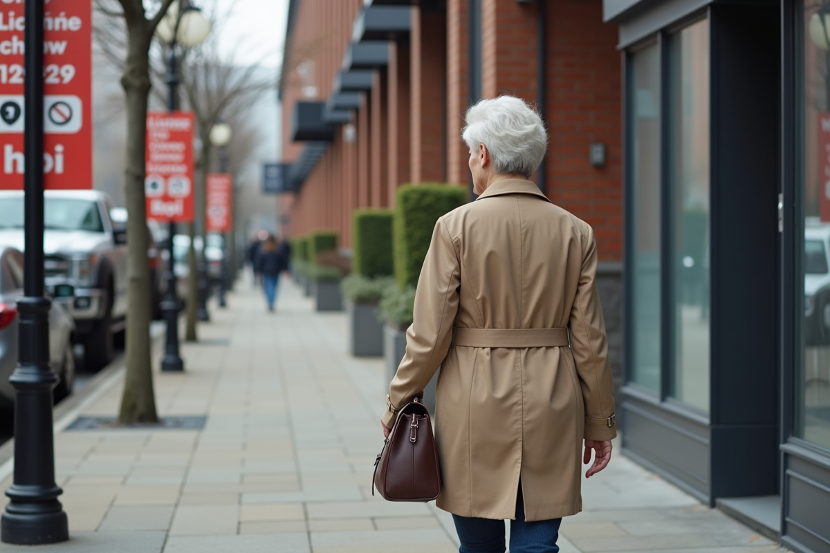 Femme âgée marchant vers une école de conduite en ville