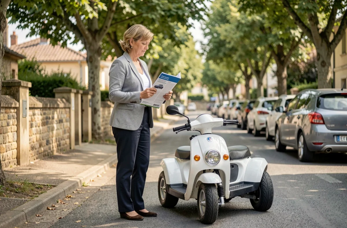 Femme adulte consultant un guide d'examen à côté d'une voiture sans permis garée dans une rue résidentielle française