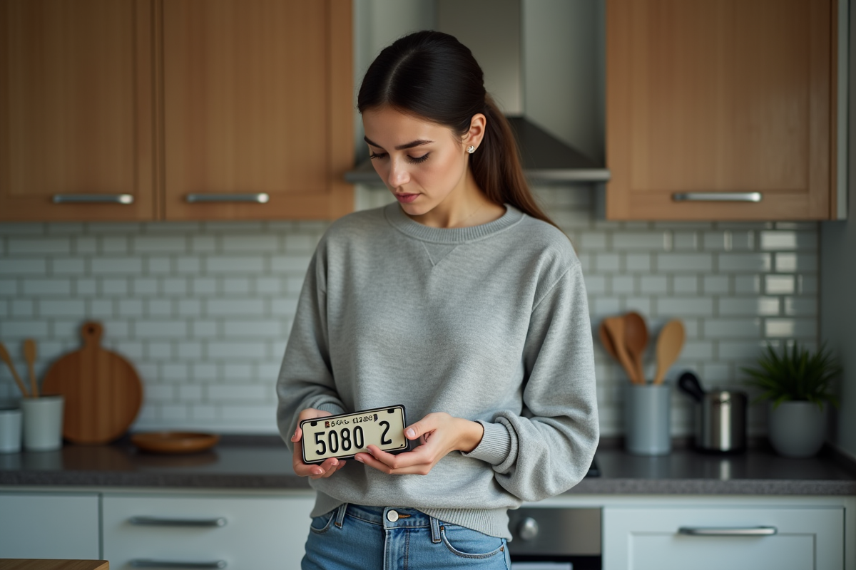 Jeune femme regardant sa vieille plaque dans la cuisine