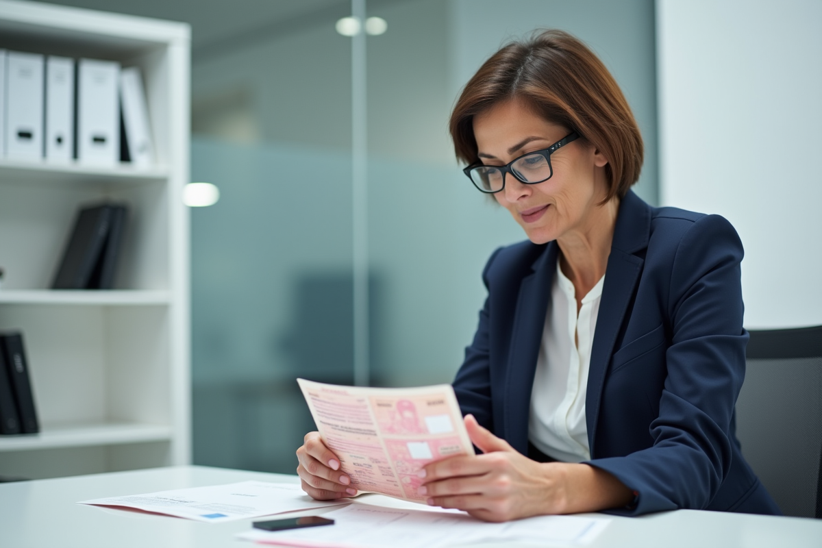 Femme d'âge moyen examinant son ancien permis de conduire français
