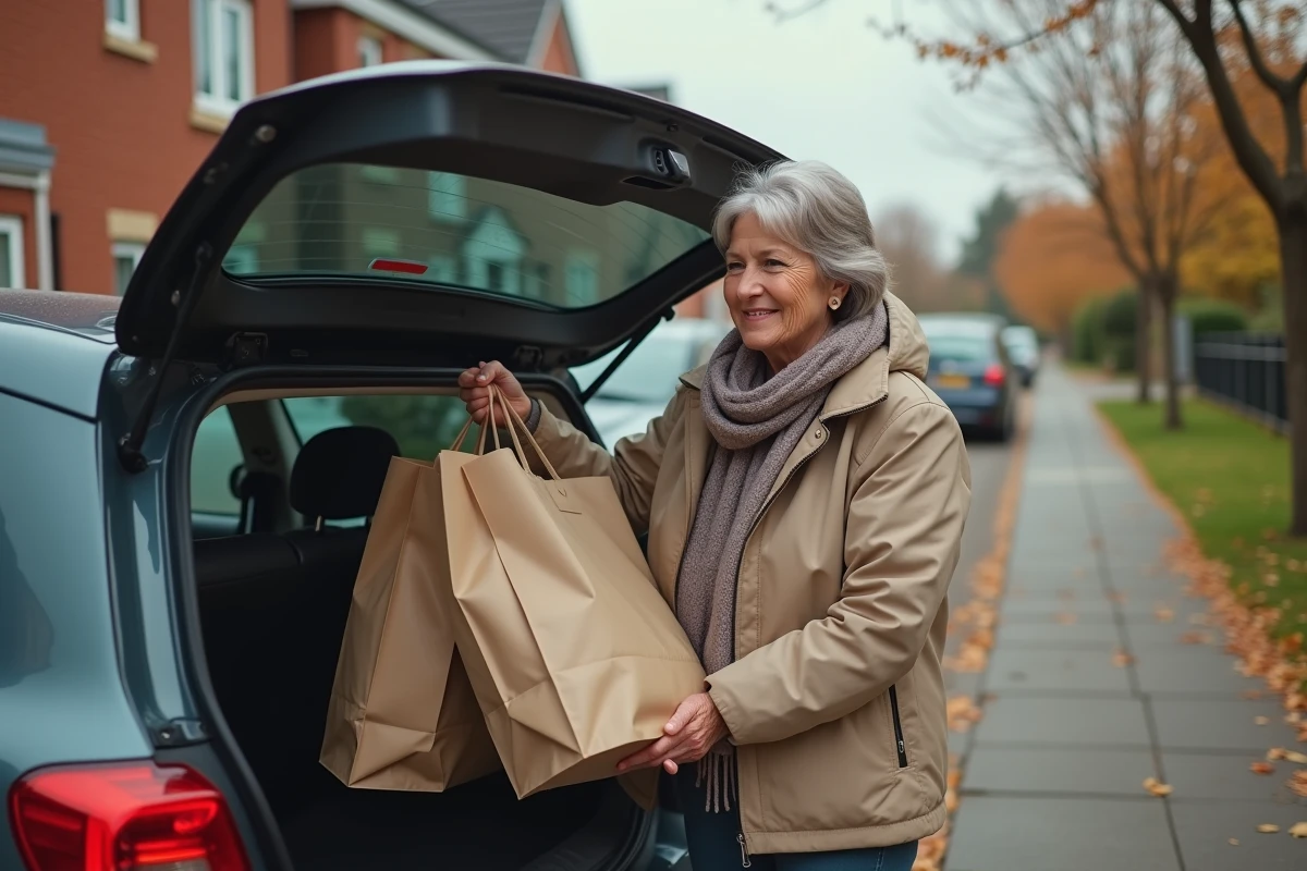 Femme déchargeant des courses de sa voiture en quartier résidentiel