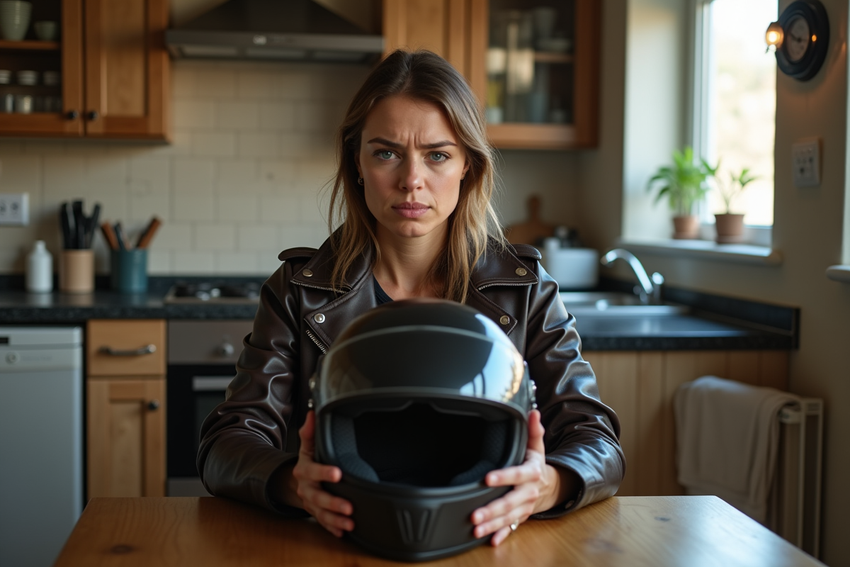 Femme frustrée tenant un casque moto dans la cuisine