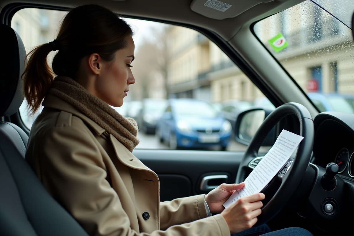 Jeune femme dans sa voiture lisant un document