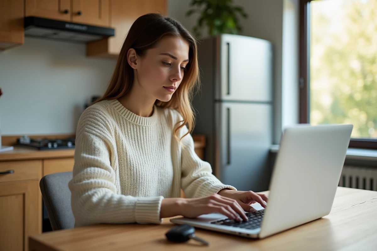 Femme assise à la cuisine avec ordinateur et clés de voiture