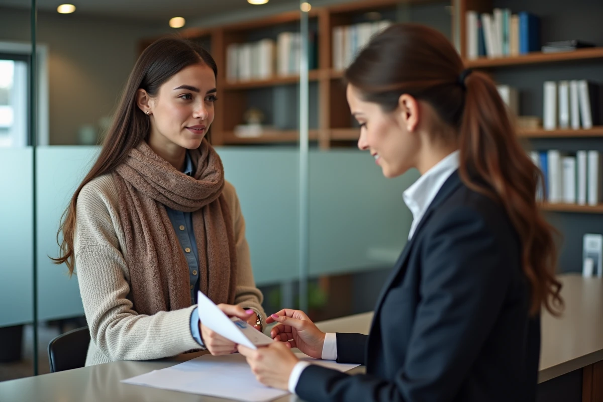 Femme en costume remet son permis à une avocate dans un bureau