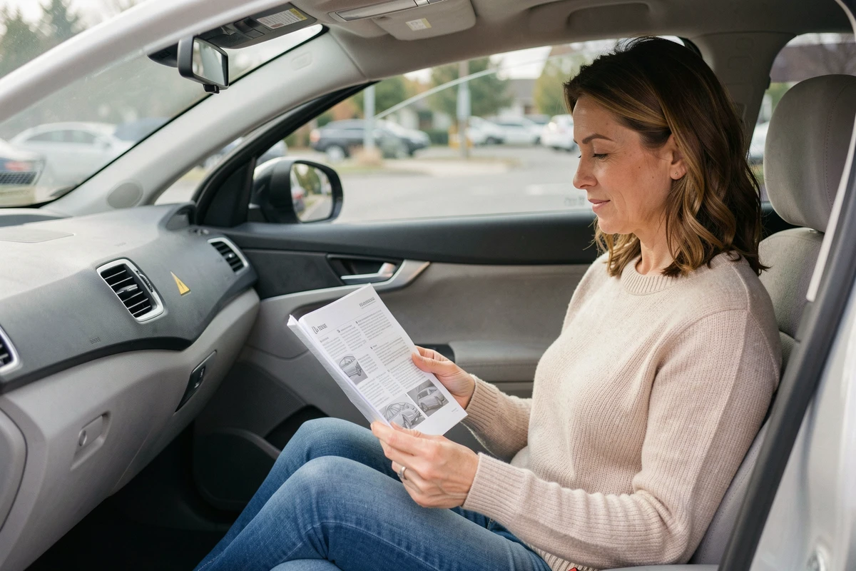 Femme consultant le manuel du propriétaire d'une voiture pour comprendre un sigle allumé sur le tableau de bord