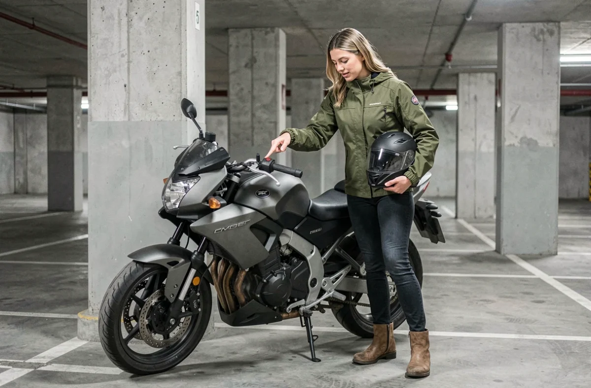Femme motarde expliquant le shifter de sa moto dans un parking souterrain urbain