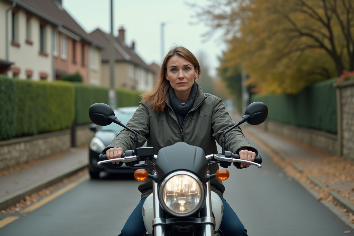 Femme préparant sa moto 125cc dans un quartier