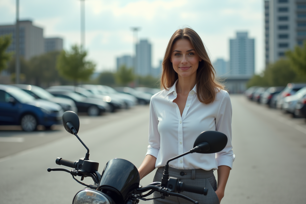 Femme en moto dans un parking urbain