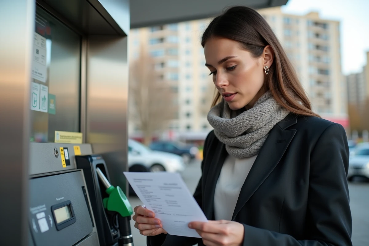 Jeune femme payant à une station essence urbaine