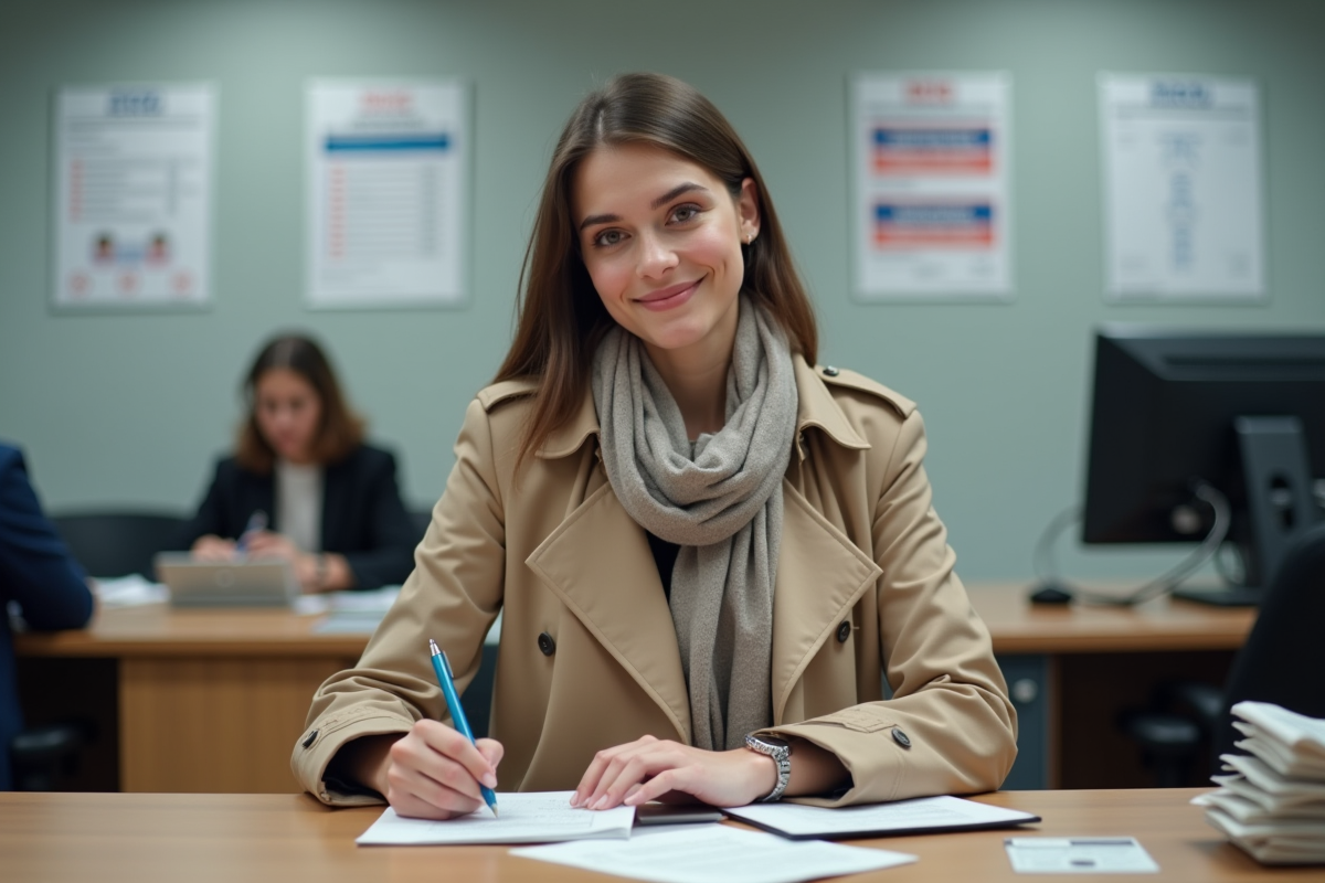 Jeune femme en trench coat complétant papiers auto