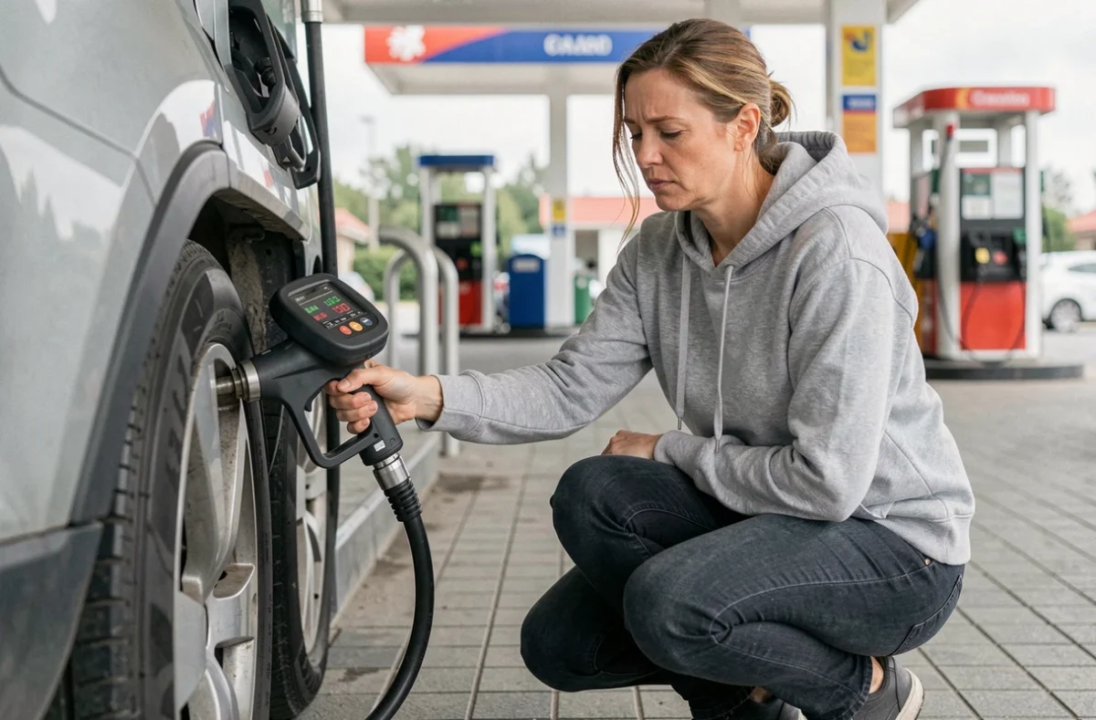 Femme vérifiant la pression de ses pneus en BAR à une station-service avec un gonfleur numérique
