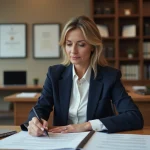 Femme professionnelle examinant attentivement un document de cession de vente avec mentions obligatoires dans un bureau moderne