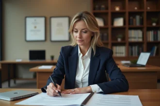 Femme professionnelle examinant attentivement un document de cession de vente avec mentions obligatoires dans un bureau moderne