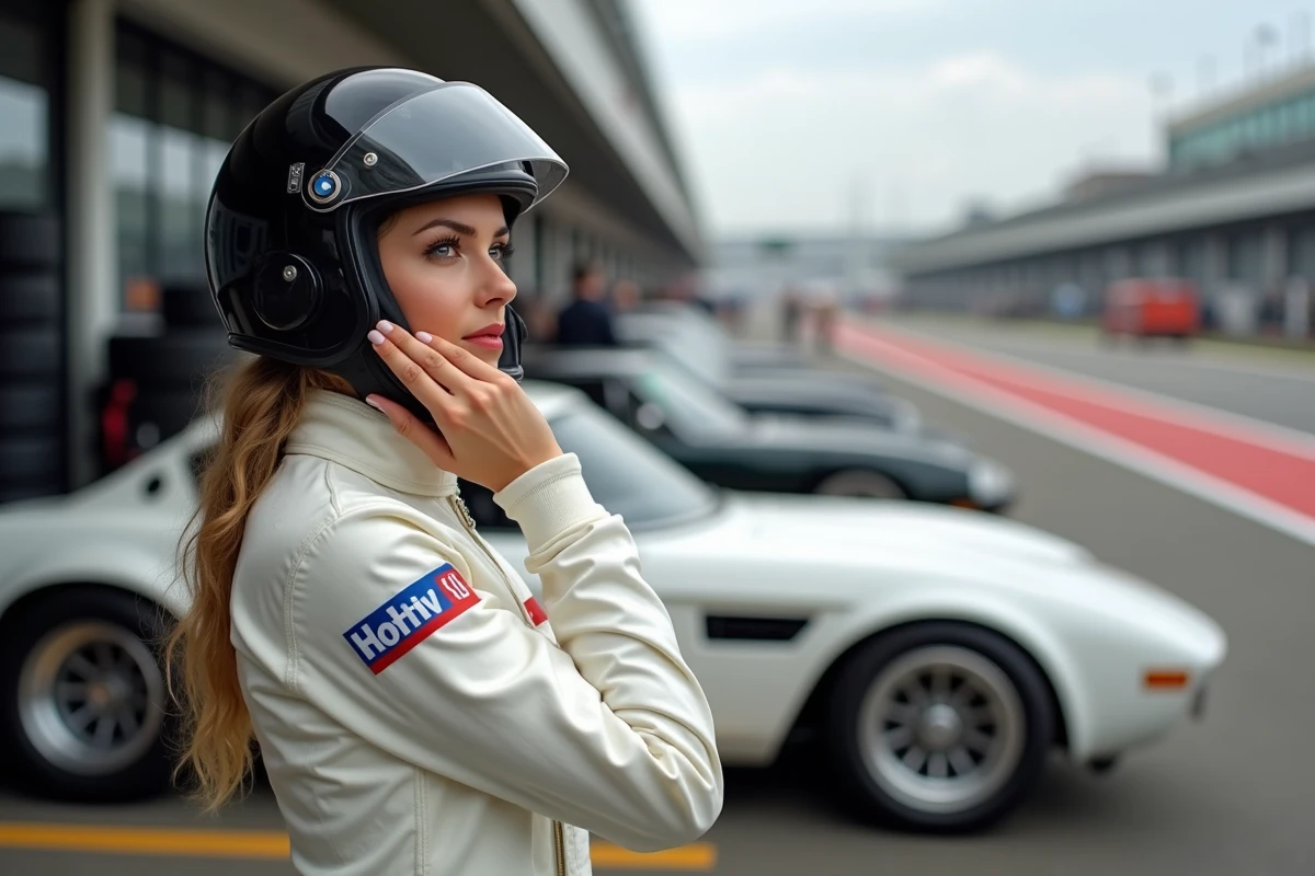 Femme en combinaison de course ajustant son casque près d