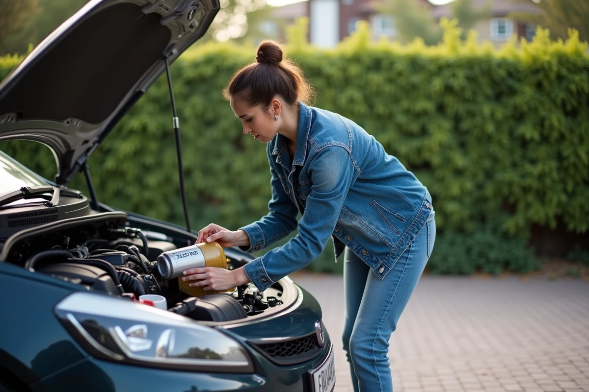 Jeune femme versant du liquide de frein dans le moteur de sa voiture