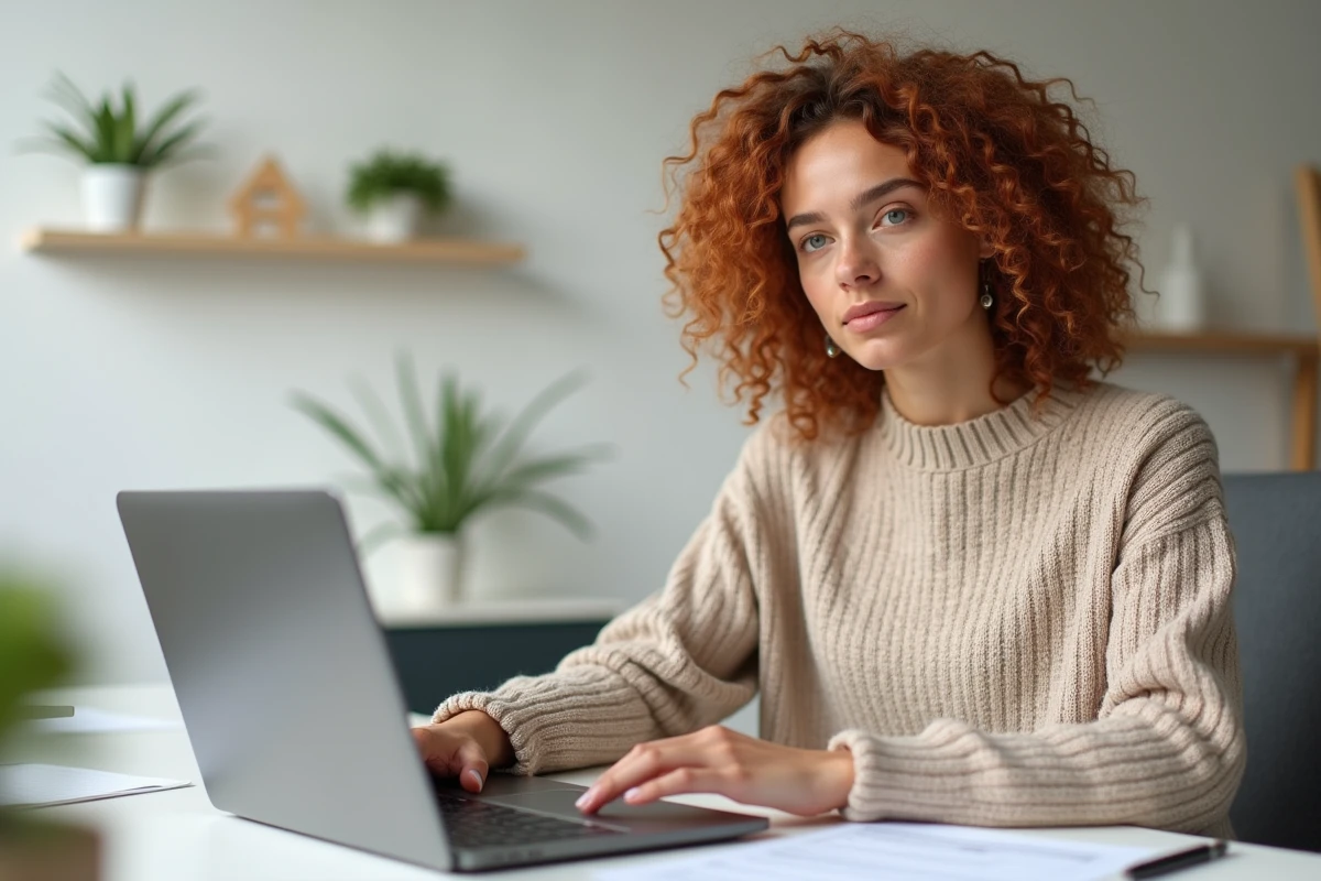 Jeune femme remplissant un formulaire de résiliation d'assurance auto en ligne sur un ordinateur portable dans un bureau à domicile minimaliste