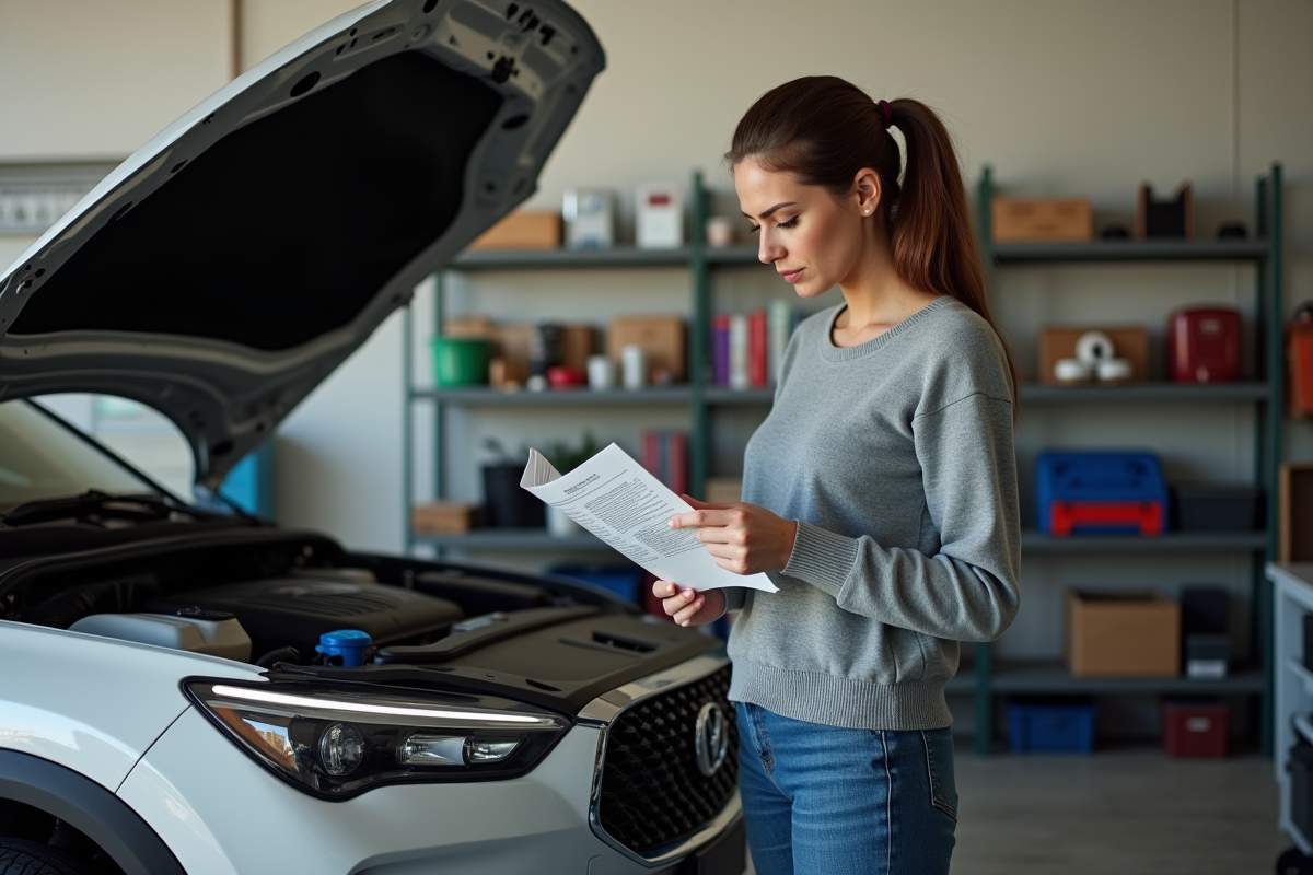 Jeune femme lisant manuel de nettoyage moteur diesel dans un garage