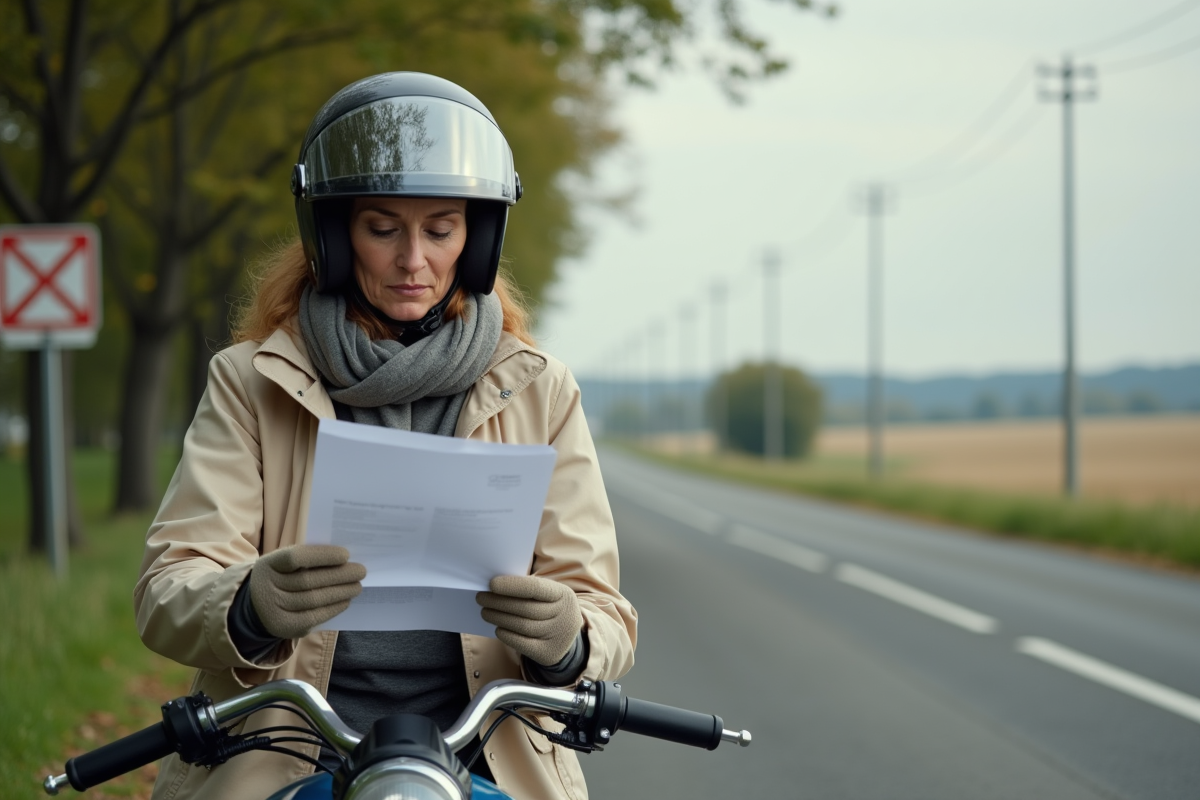 Femme portant un casque lisant des papiers sur une moto au bord de la route