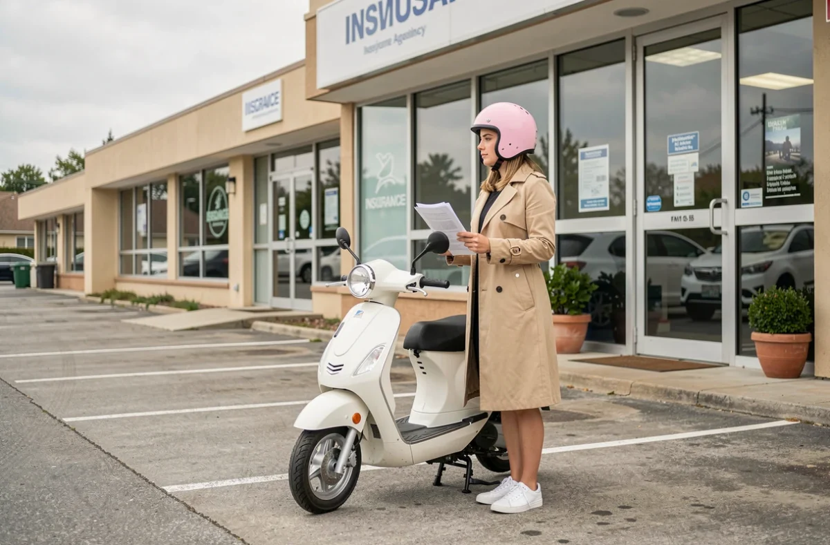 Jeune femme avec un scooter 50cc devant une agence d'assurance tenant des documents de comparaison de tarifs