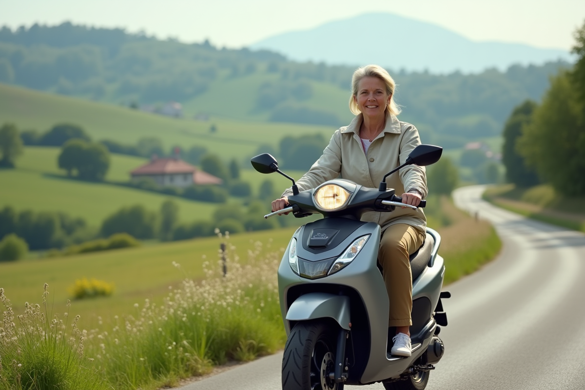 Femme à scooter dans un paysage campagnard