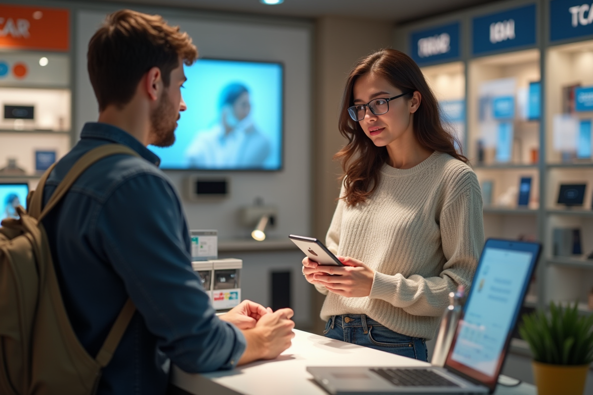 Jeune femme présente son smartphone au service client en magasin