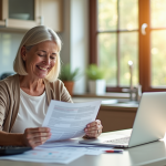 Femme souriante vérifiant ses documents financiers à la maison