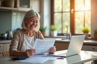 Femme souriante vérifiant ses documents financiers à la maison