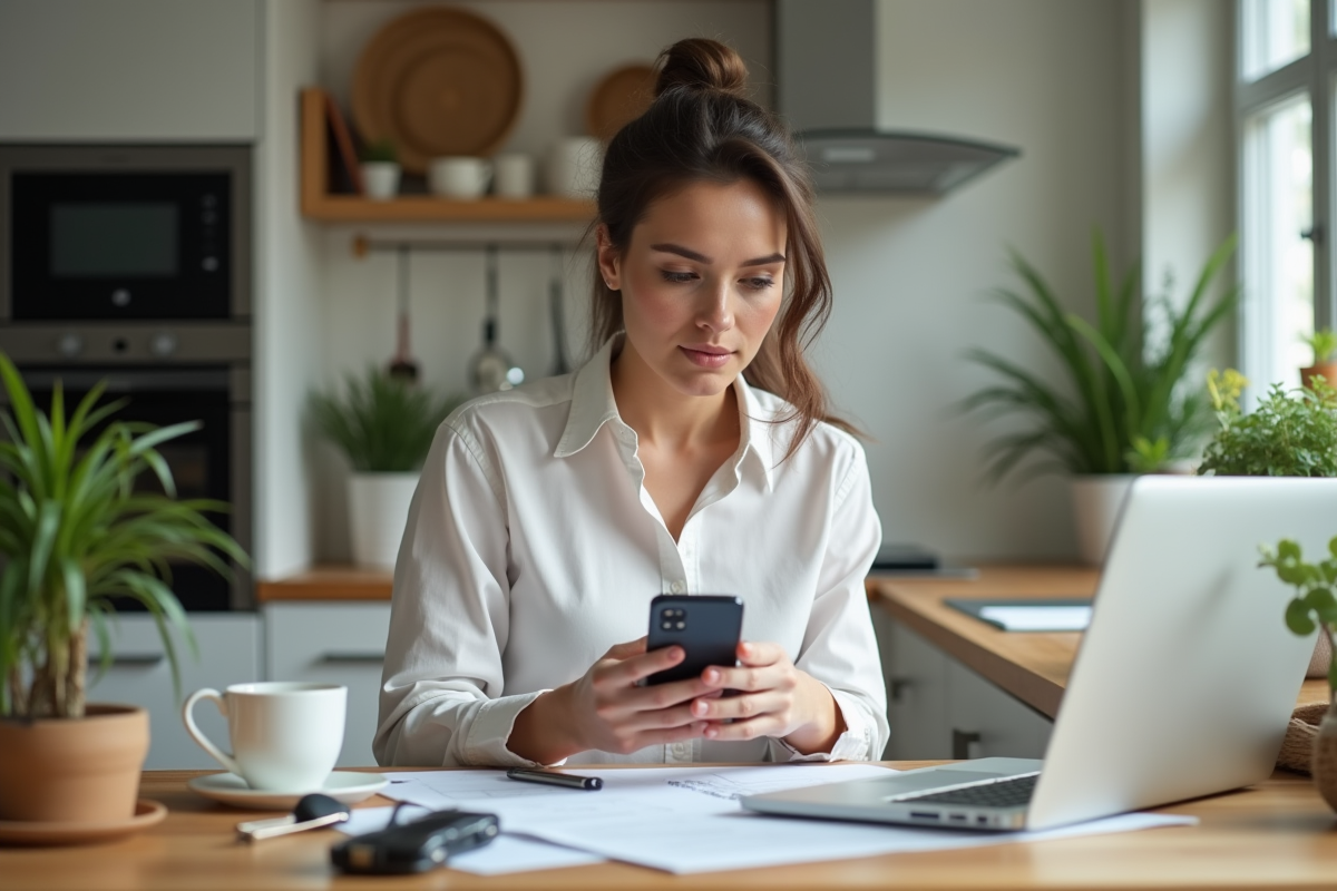 Femme en télétravail dans une cuisine lumineuse