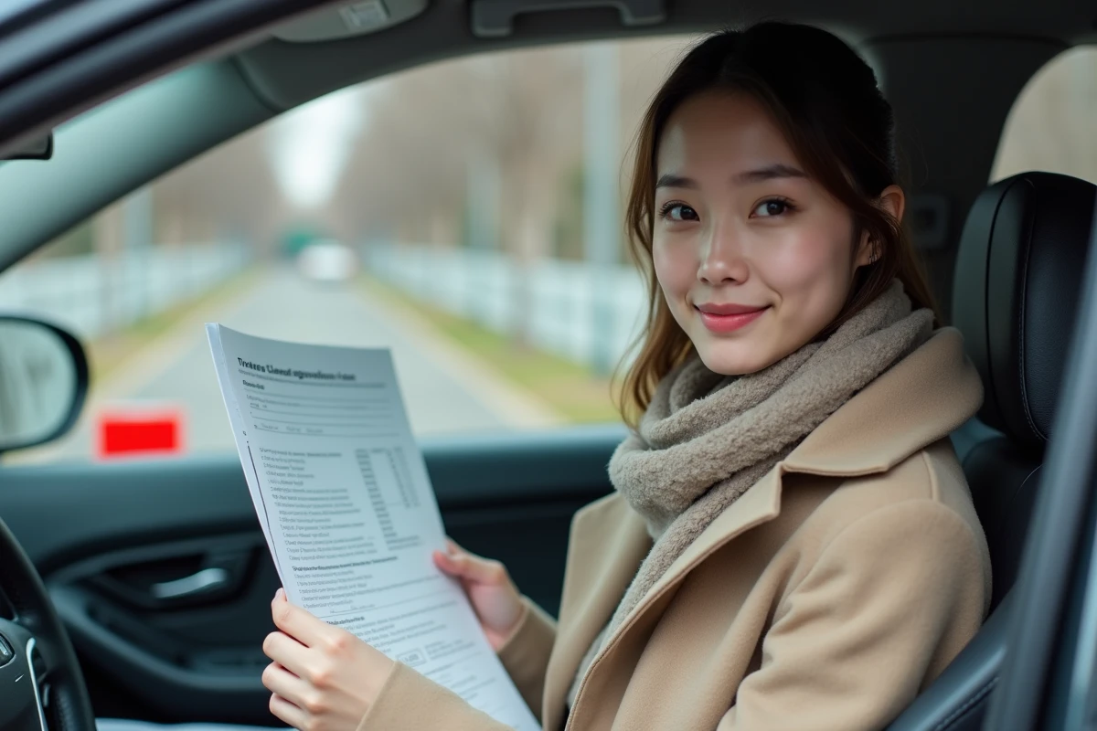 Jeune femme tenant ses papiers dans une voiture en ville