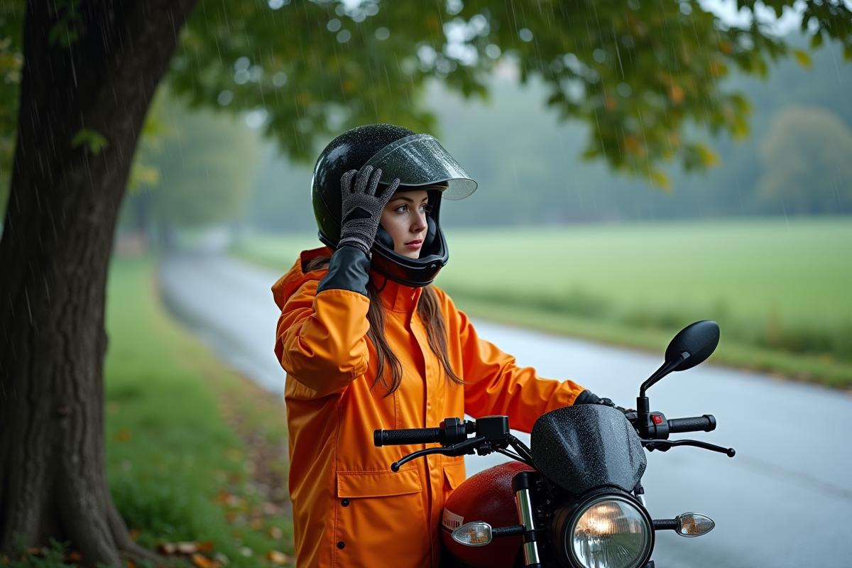 Jeune femme en équipement pluie près d une route rurale