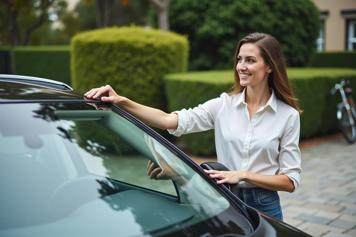 Femme examine un pare-brise de voiture dans un jardin