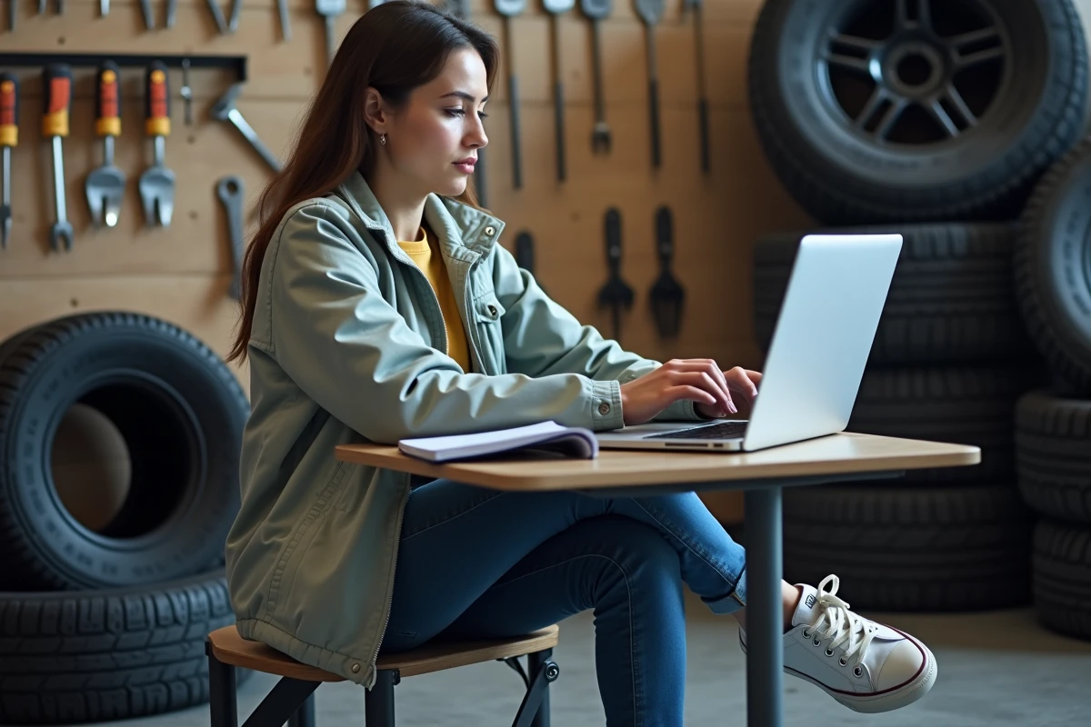 Jeune femme vérifiant la taille des pneus sur son ordinateur