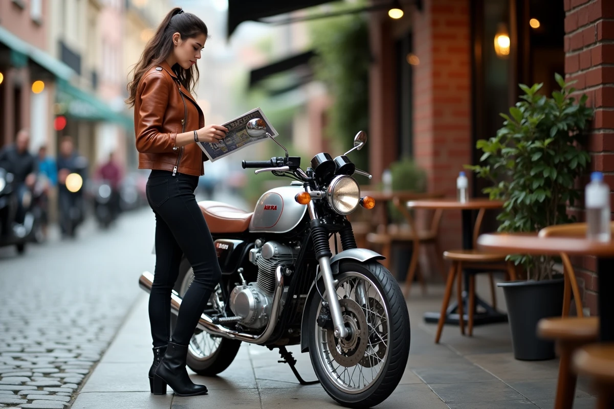 Femme en cuir vintage près d