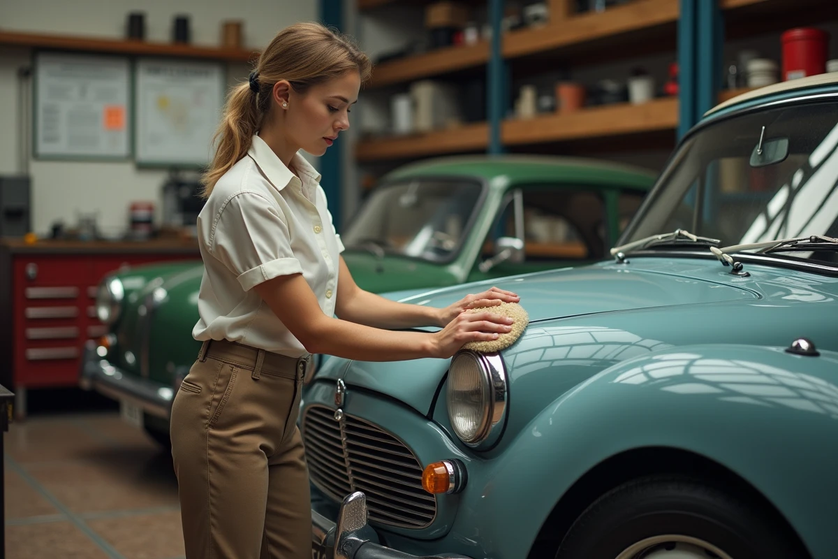Jeune femme polissant le capot d
