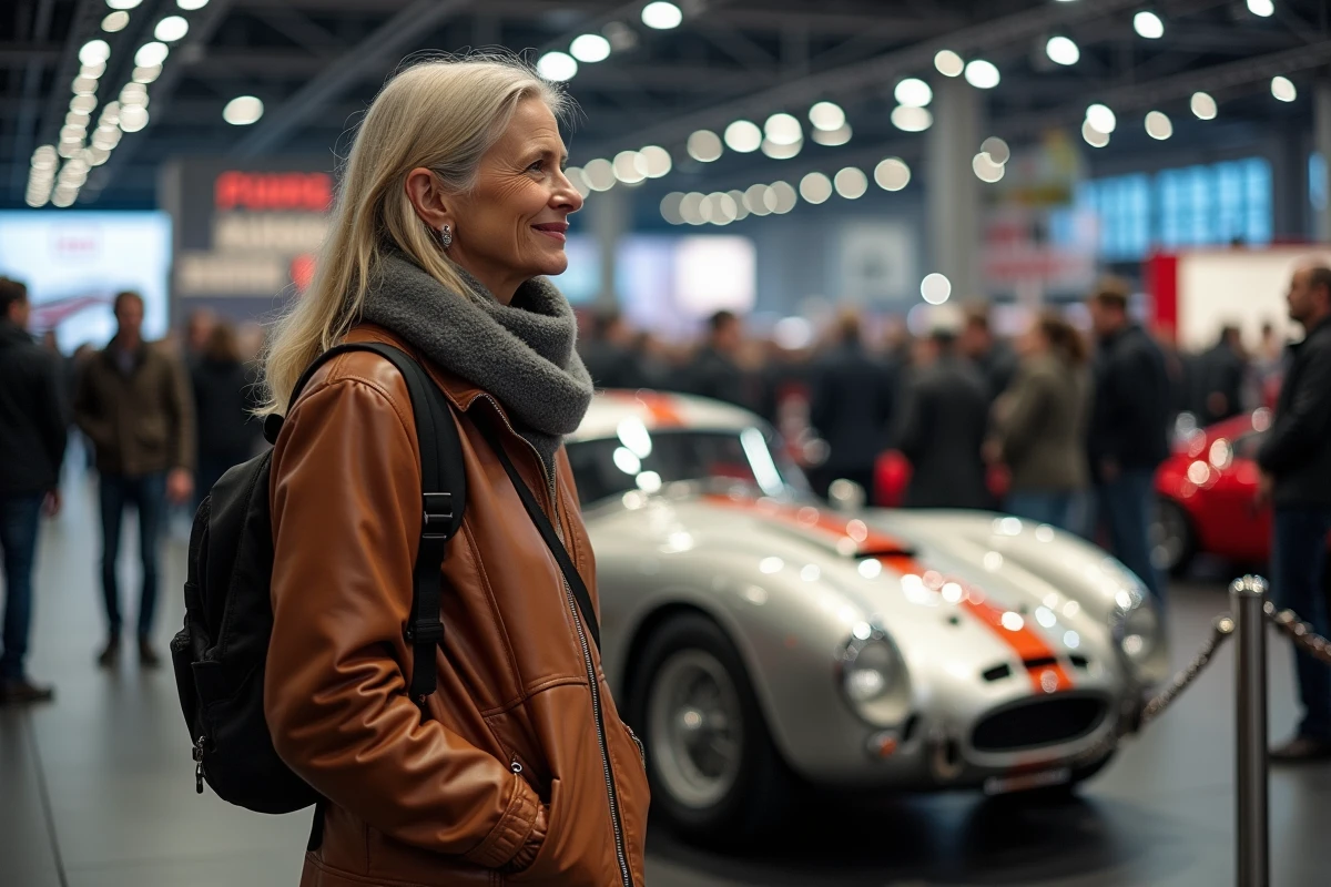 Femme passionnee regardant une voiture de course classique à Paris 2026